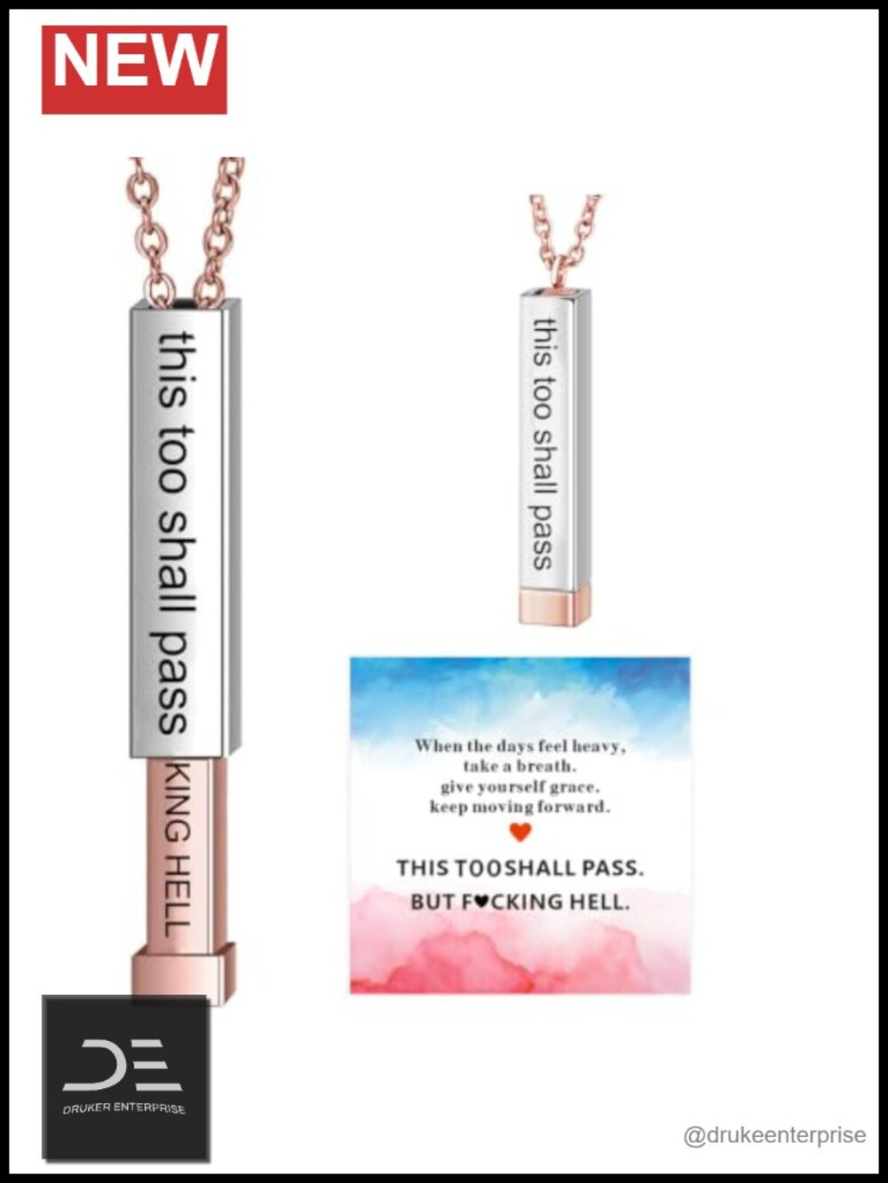 This Too Shall Pass Inspirational Mantra Necklace Vertical Bar Pendant Funny